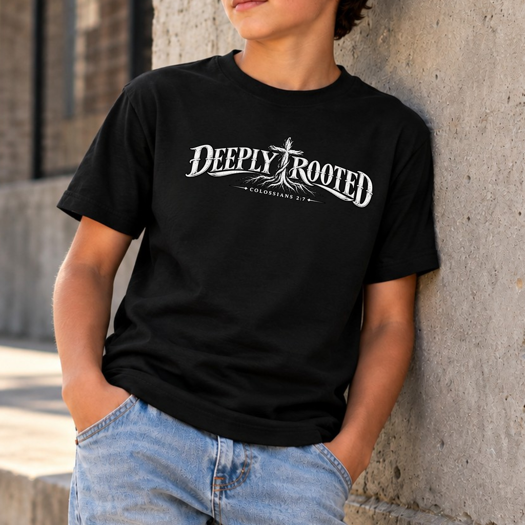 A person wearing a black short-sleeve T-shirt with a white 'Deeply Rooted' graphic on the chest, leaning against a concrete wall outdoors.