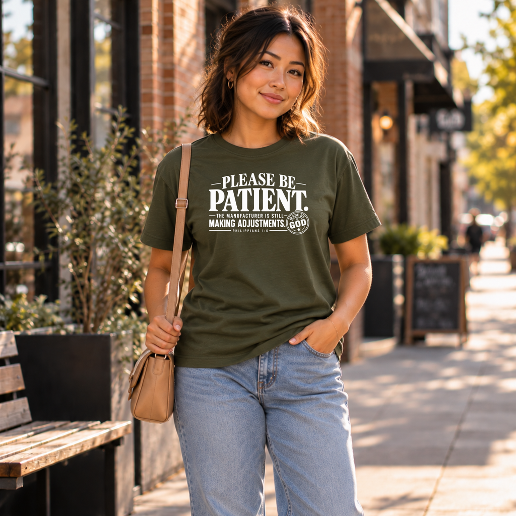 A woman stands on a city sidewalk wearing an olive green graphic T-shirt with white text that reads 'PLEASE BE PATIENT.
