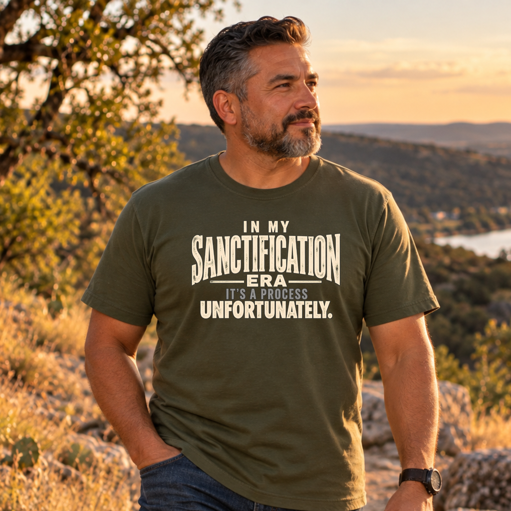 A man wearing an olive green graphic t-shirt with the text 'IN MY SANCTIFICATION ERA IT'S A PROCESS UNFORTUNATELY.' standing outdoors in a scenic, dry landscape at sunset.