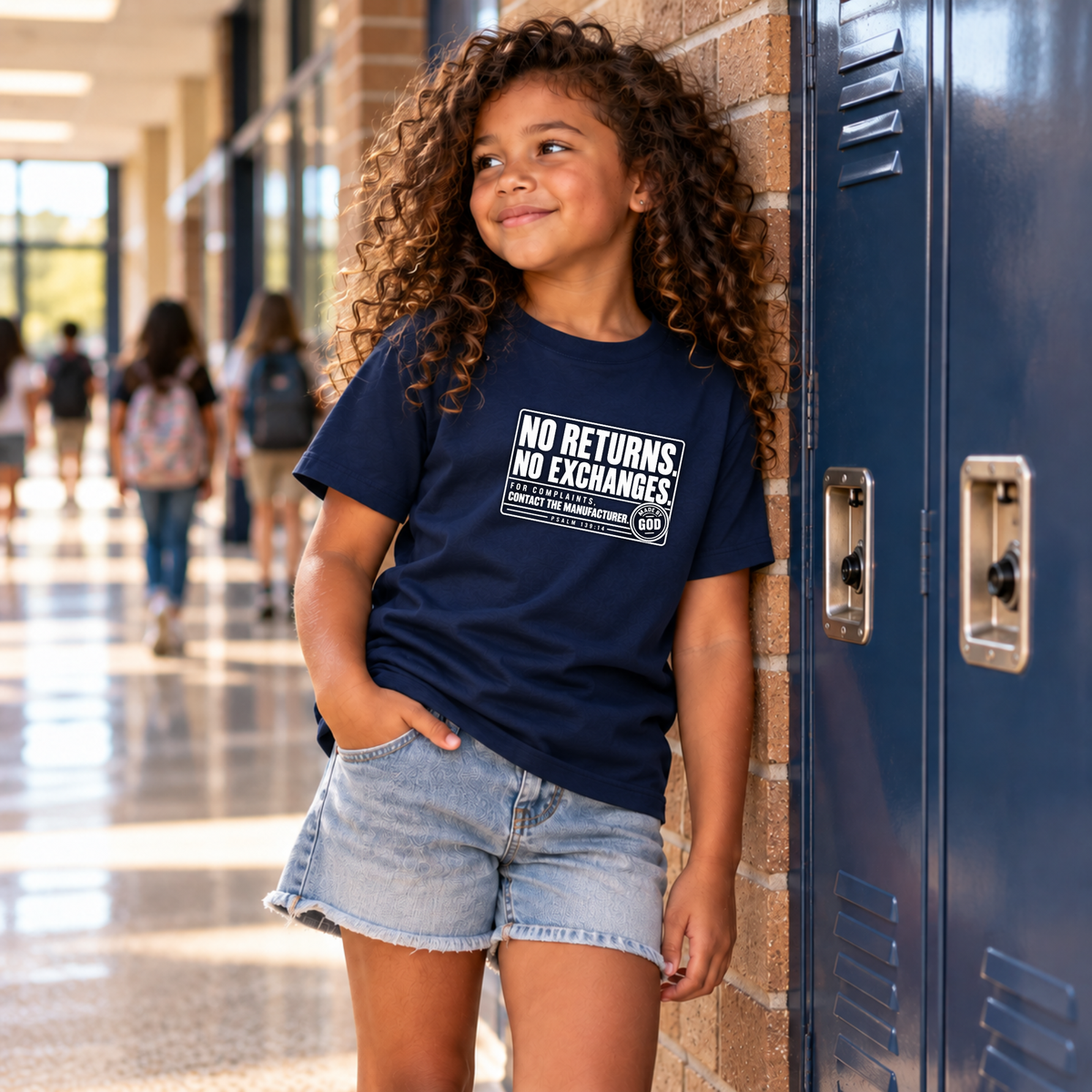 A girl in a hallway leaning against a brick wall wearing a navy christian t-shirt that says "no returns. No exchanges" made by God."