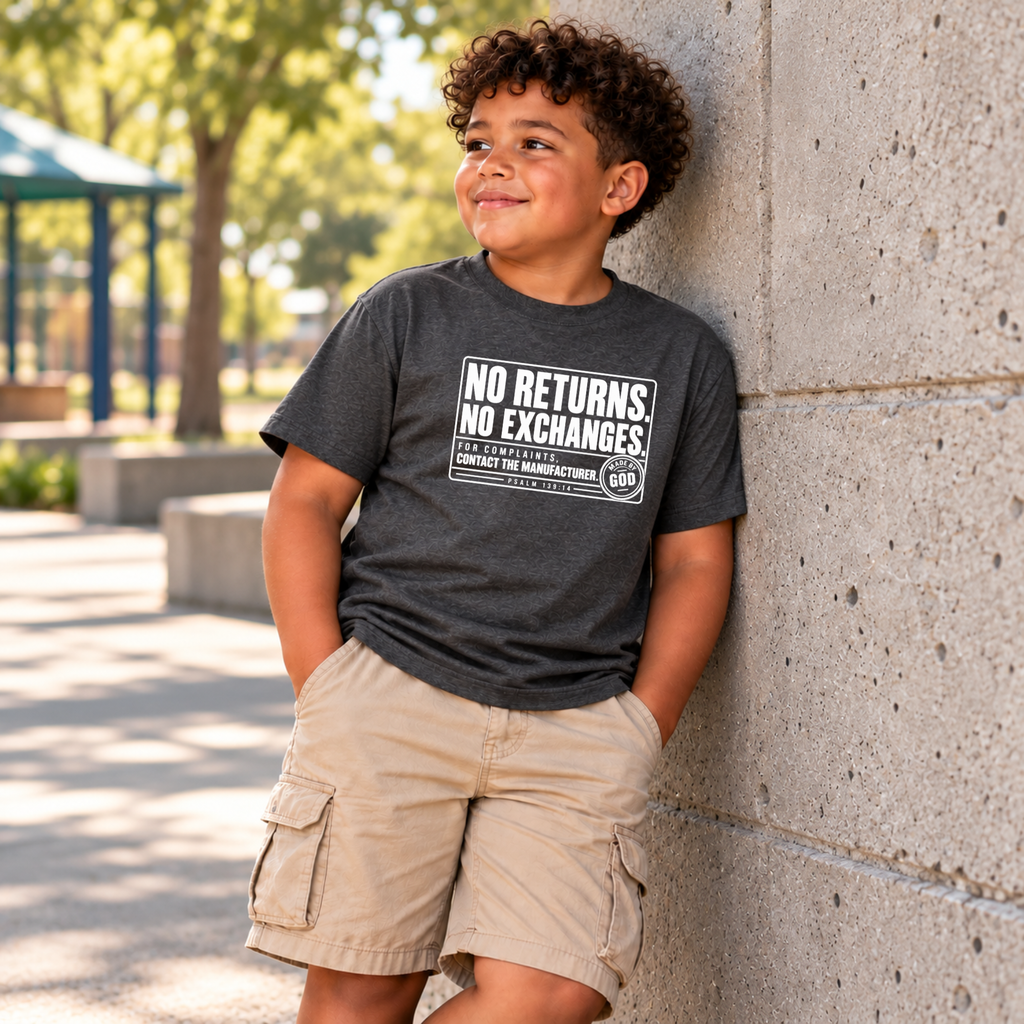 a young boy at a park leaning against a concrete wall wearing a heather grey Christian t-shirt by SeedSowerGraphics that says "no returns. no exchanges. compaints, see manufacturer. made by God."