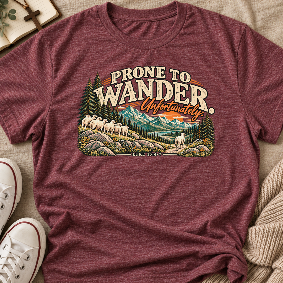 A heathered burgundy t-shirt laid flat on a beige fabric background, featuring a colorful graphic of a mountain landscape with sheep and the text 'PRONE TO WANDER. Unfortunately.