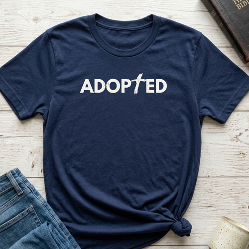 A navy blue short-sleeve t-shirt with the word 'ADOPTED' printed in white across the chest, styled in a flat lay on a light wood background with blue jeans and a ceramic mug.