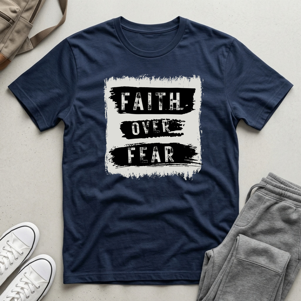 A navy blue short-sleeve t-shirt with a distressed white and black graphic reading 'FAITH OVER FEAR', styled in a flat lay with gray sweatpants, white sneakers, and a beige tote bag on a light gray surface.