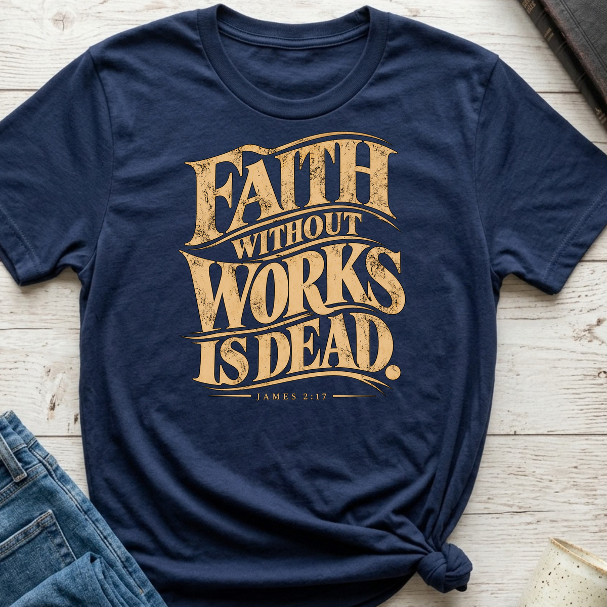 A navy blue graphic t-shirt with a distressed gold text print reading 'FAITH WITHOUT WORKS IS DEAD. JAMES 2:17' is laid flat on a light wood background with a knot at the bottom hem, styled with blue jeans.