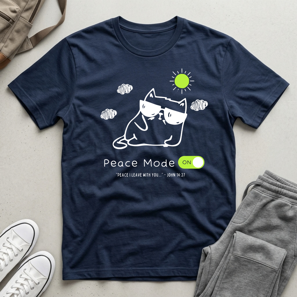 A navy blue graphic t-shirt laid flat on a light gray surface, styled with gray sweatpants, white sneakers, and a tan backpack. The t-shirt features a white line-art illustration of a cat in sunglasses with a green sun and the text 'Peace Mode ON'.